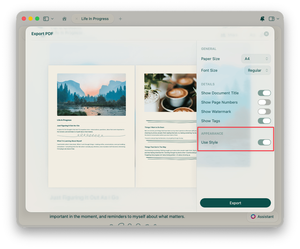 Schalter „Stil verwenden" in den PDF-Exportoptionen