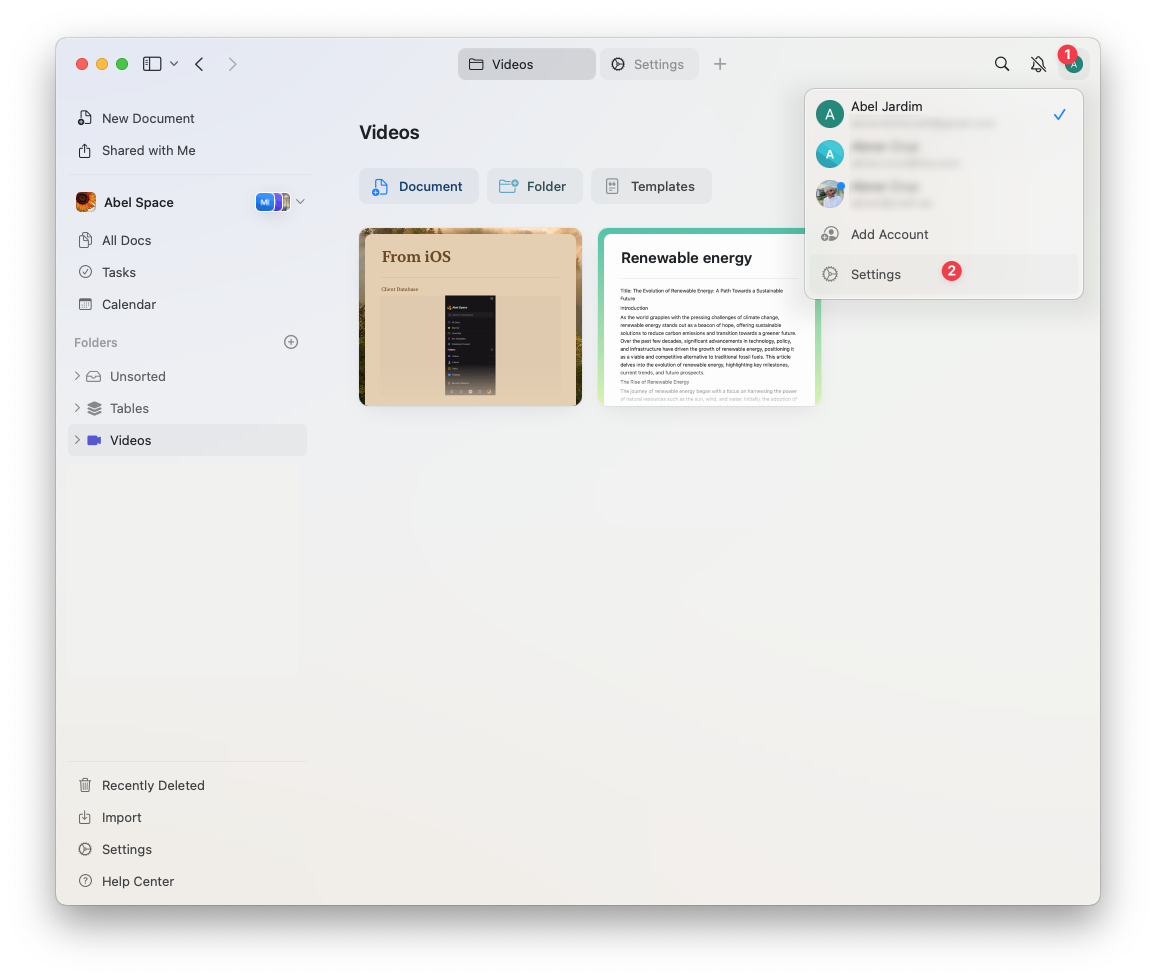 Panneau des réglages du compte