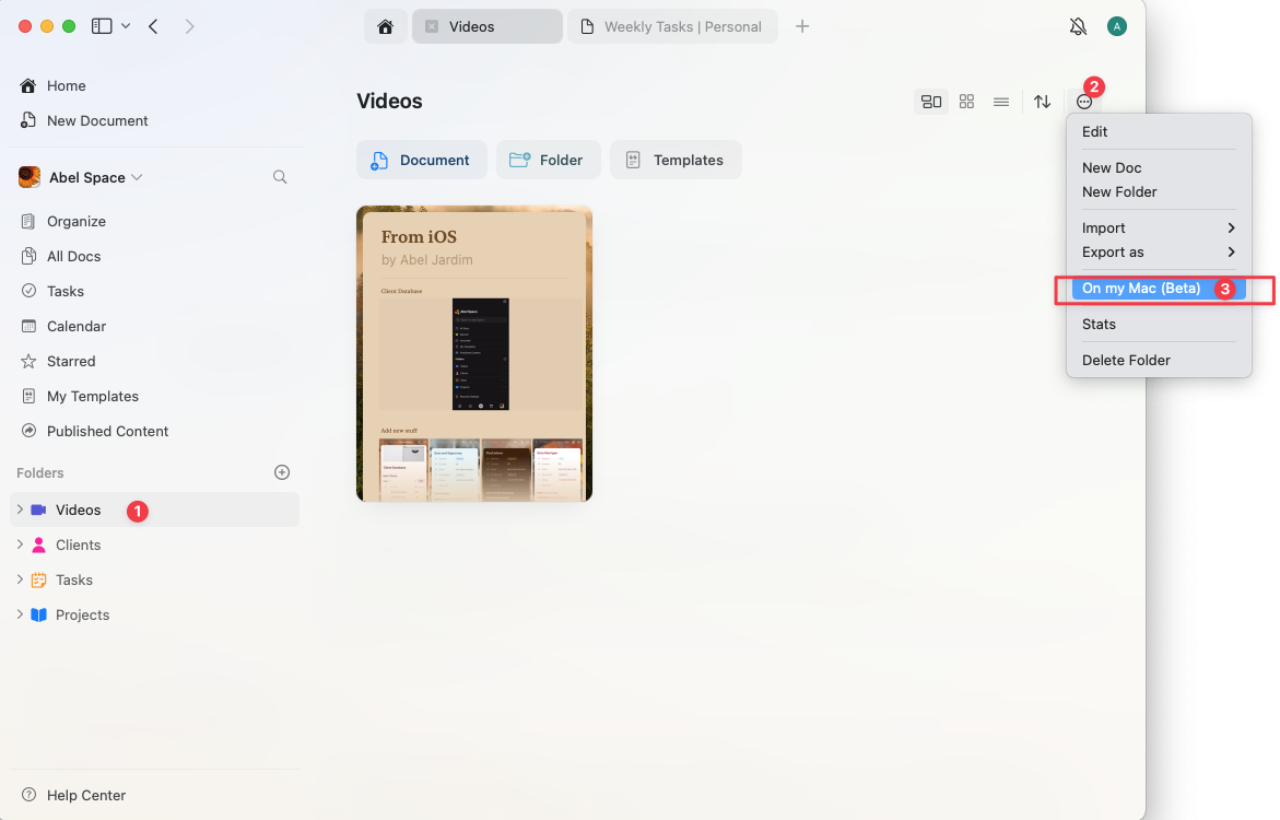 On-device folder menu option