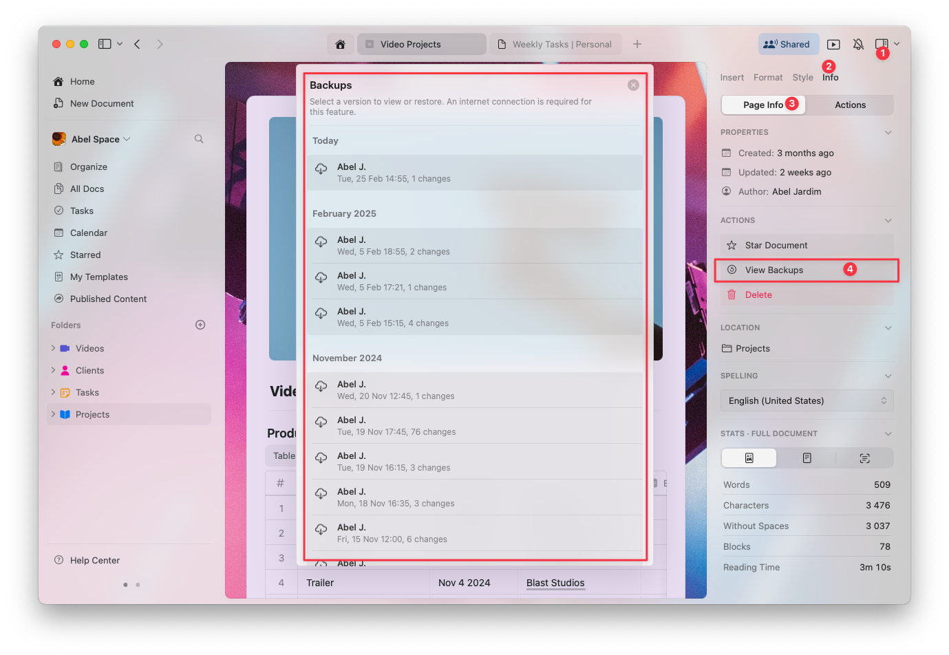 View Backups in document info panel