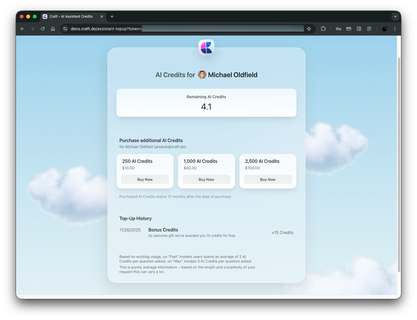Available credit packs for purchase