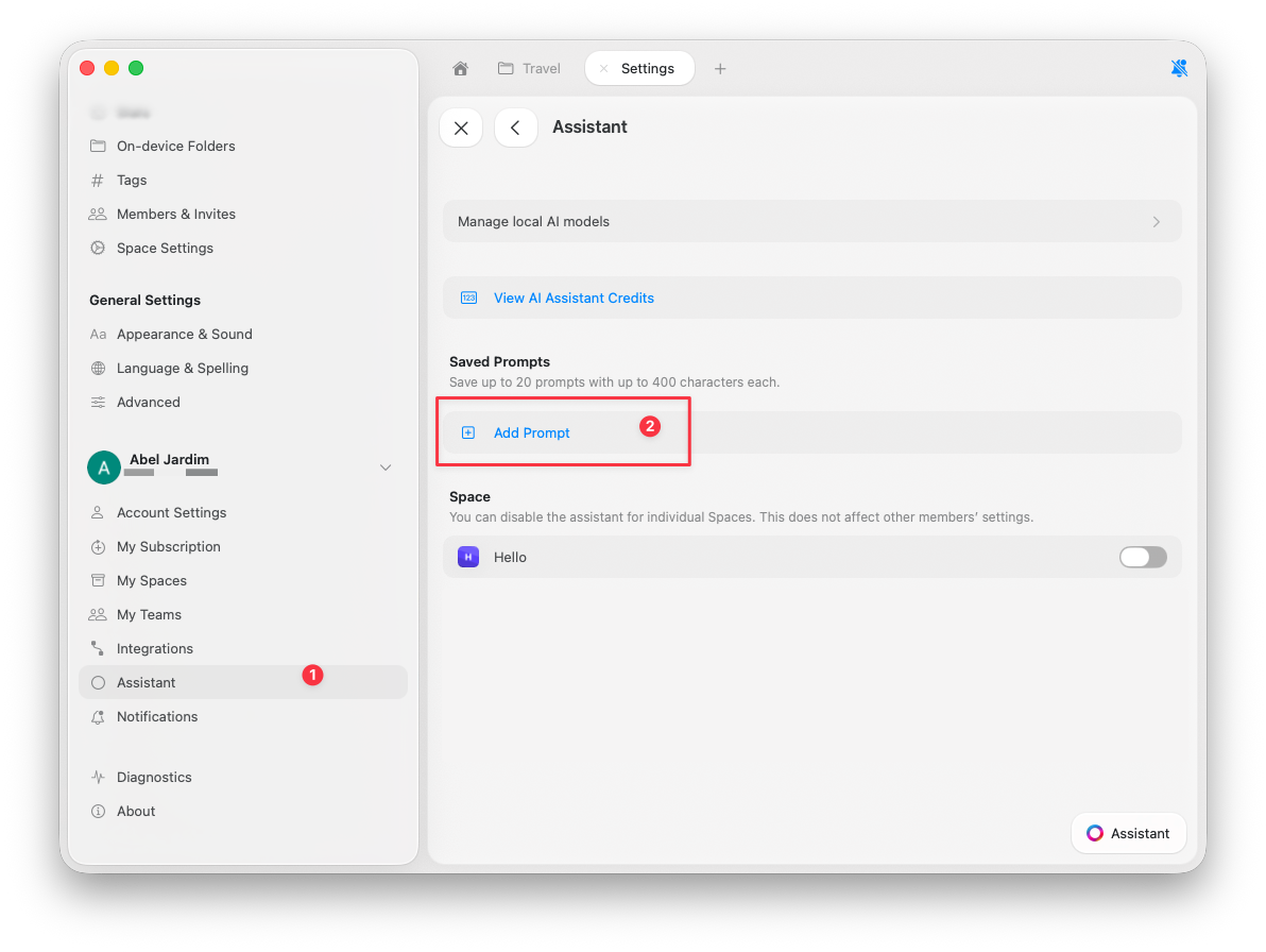 Saved prompts section in Assistant settings