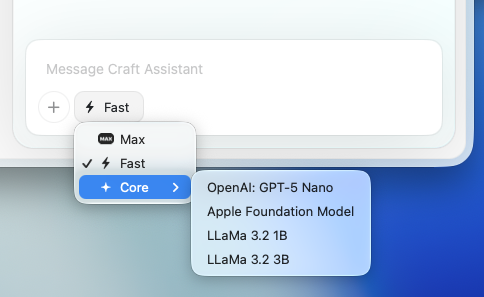 Model selector showing available AI models