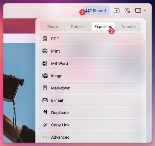顯示格式選項的匯出選單