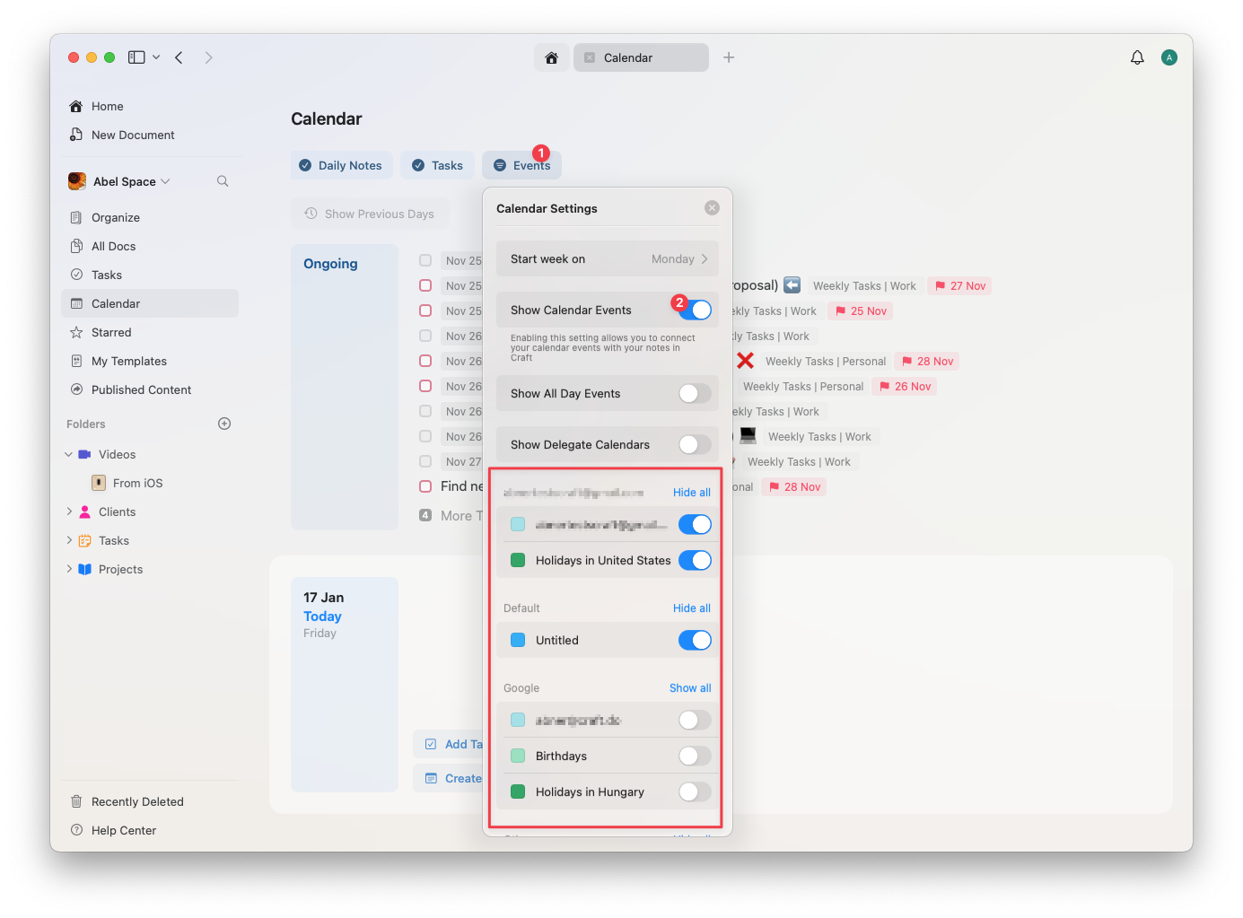 Enable events in Calendar section