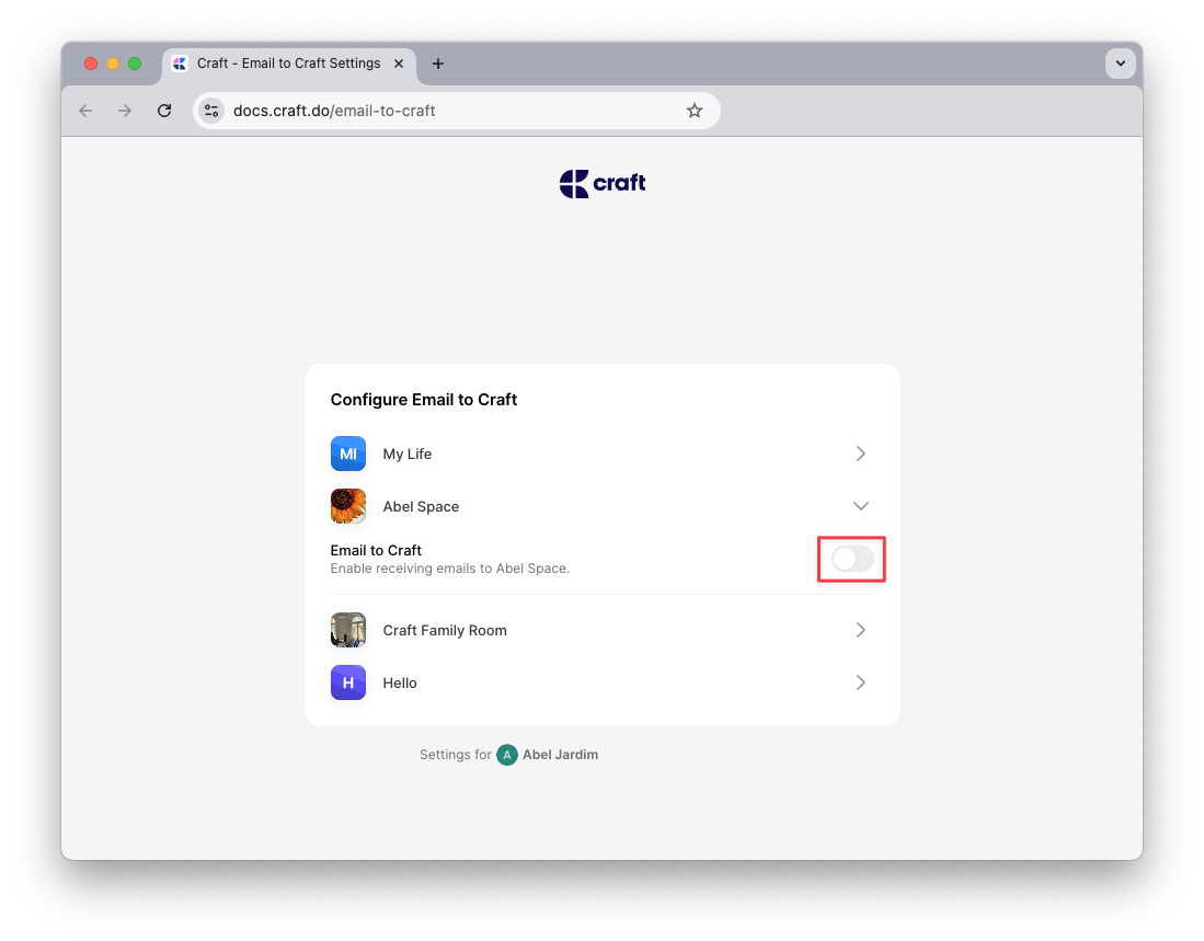 Select space for Email to Craft
