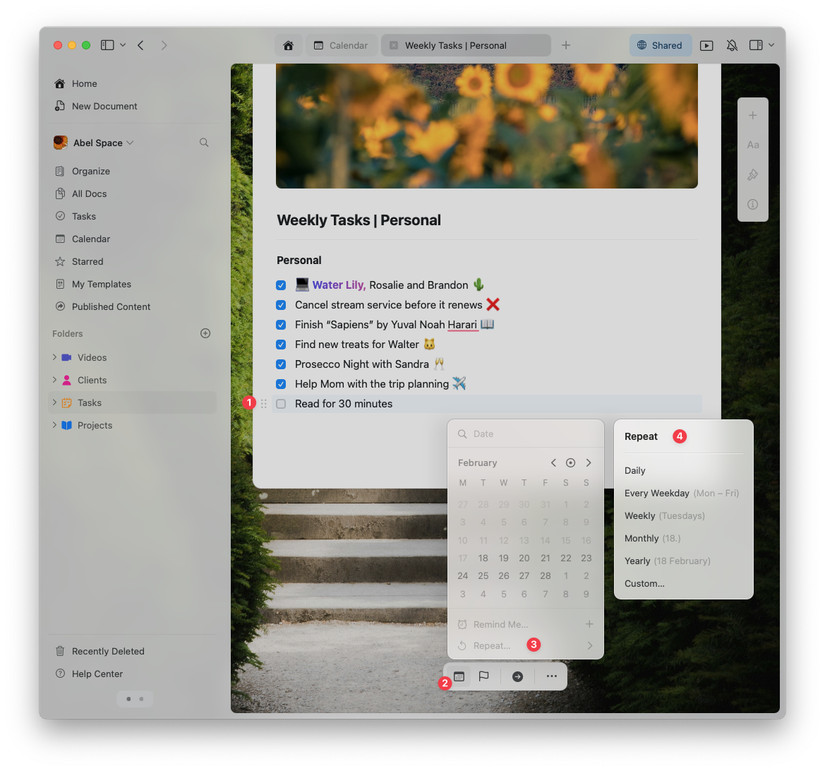 Making a task recurring inside a document