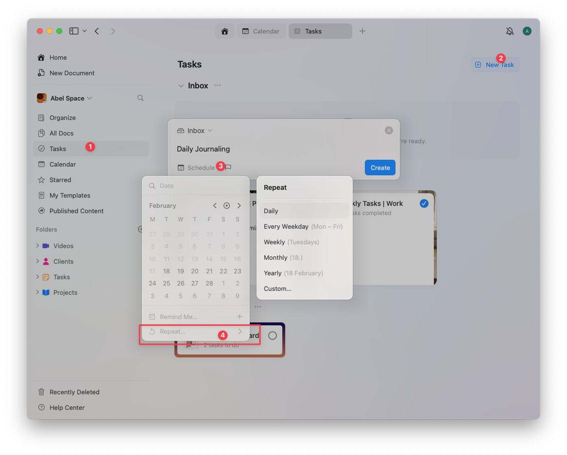 Creating a recurring task from the Tasks section