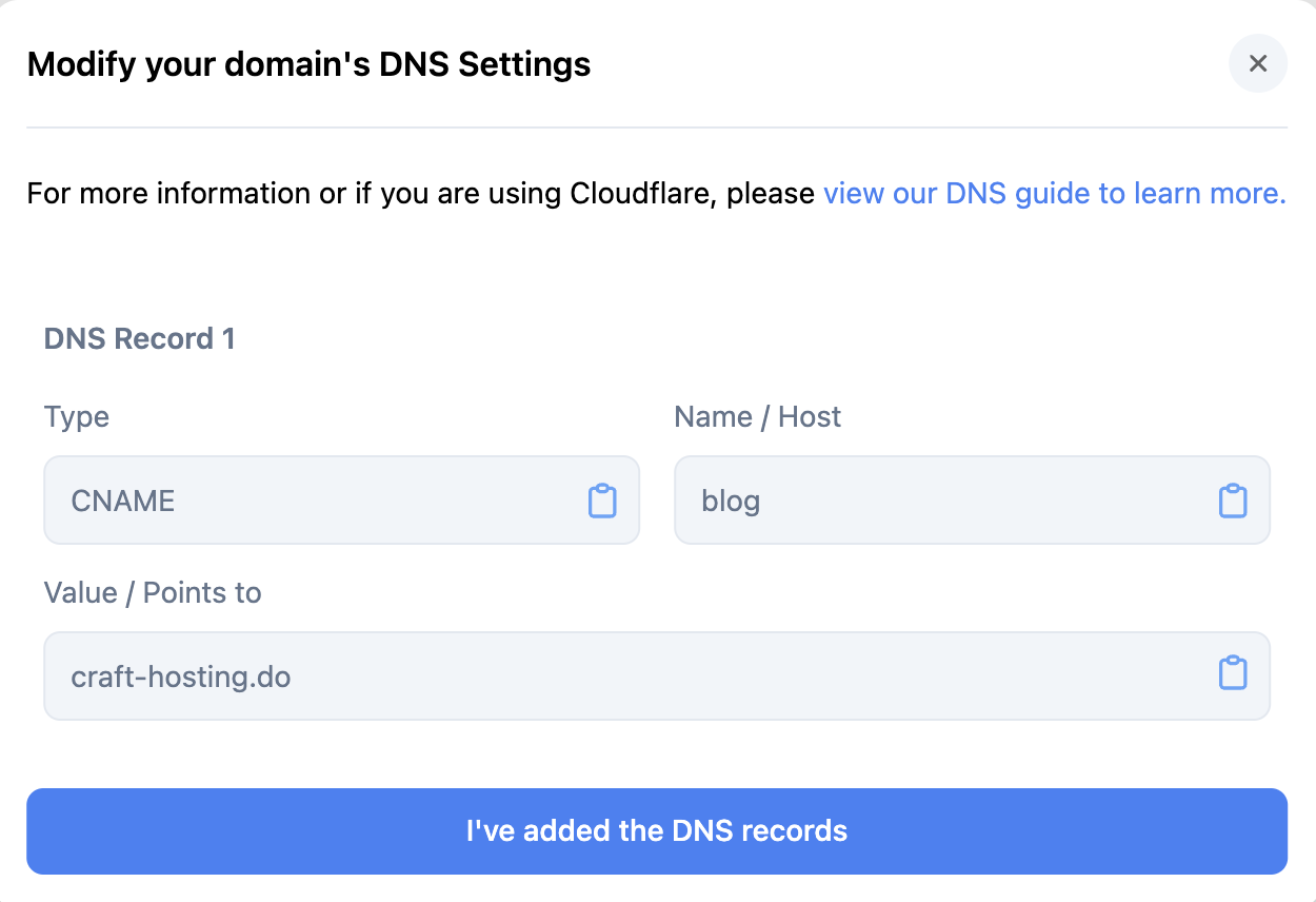 Cloudflare DNS record configuration