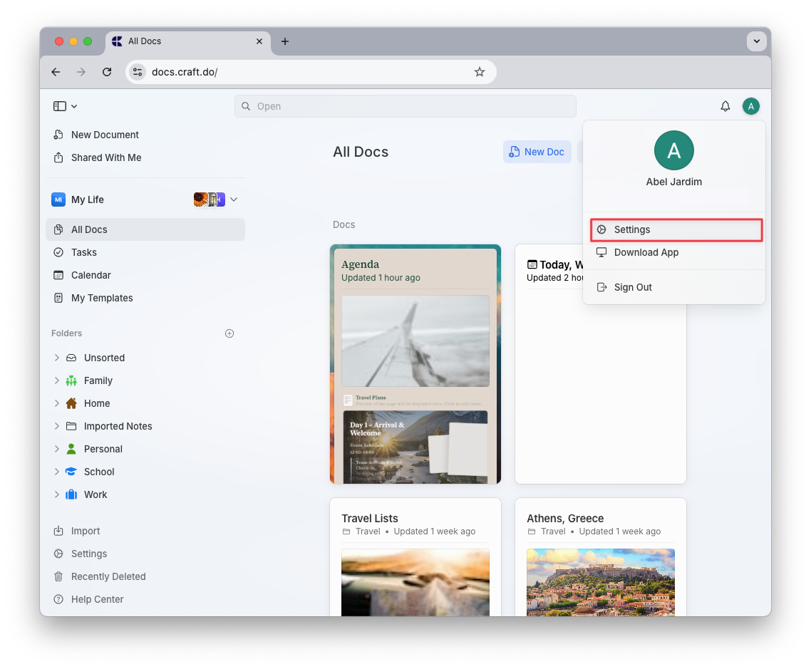 Published content settings navigation