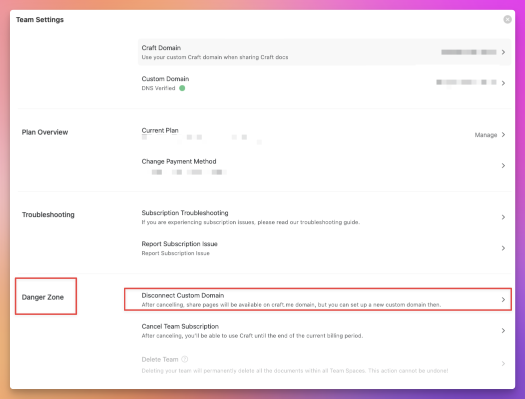 Disconnect custom domain option