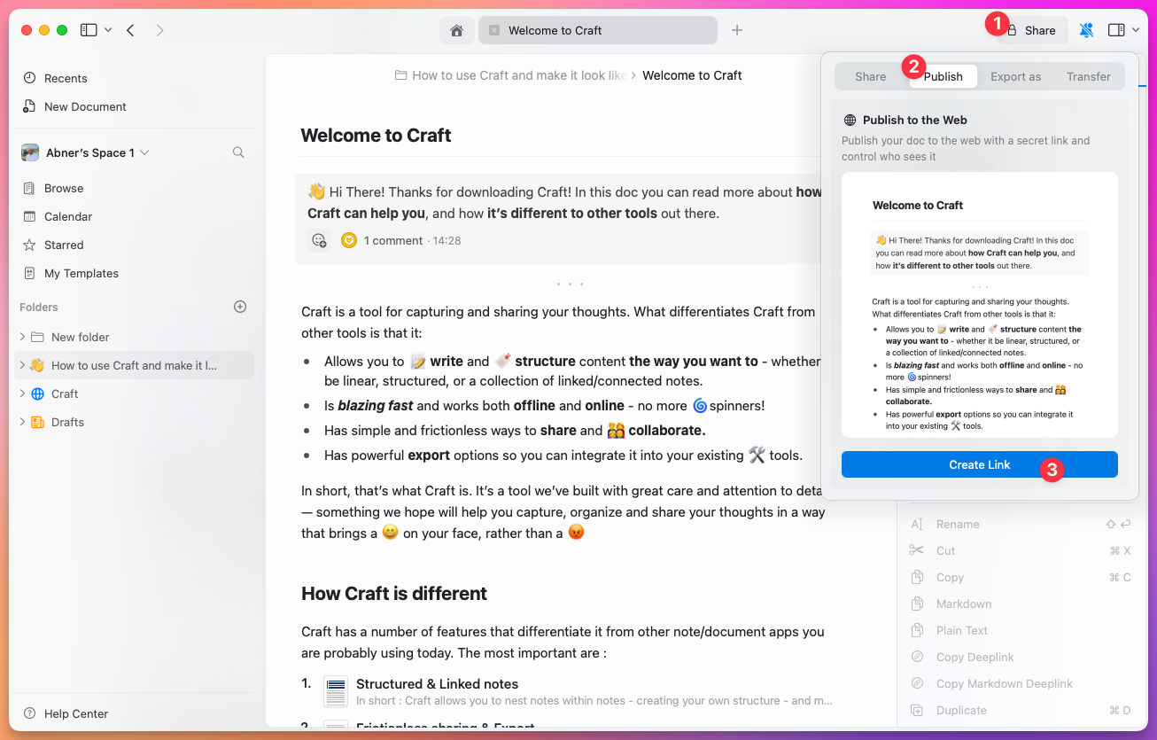 Published link creation interface
