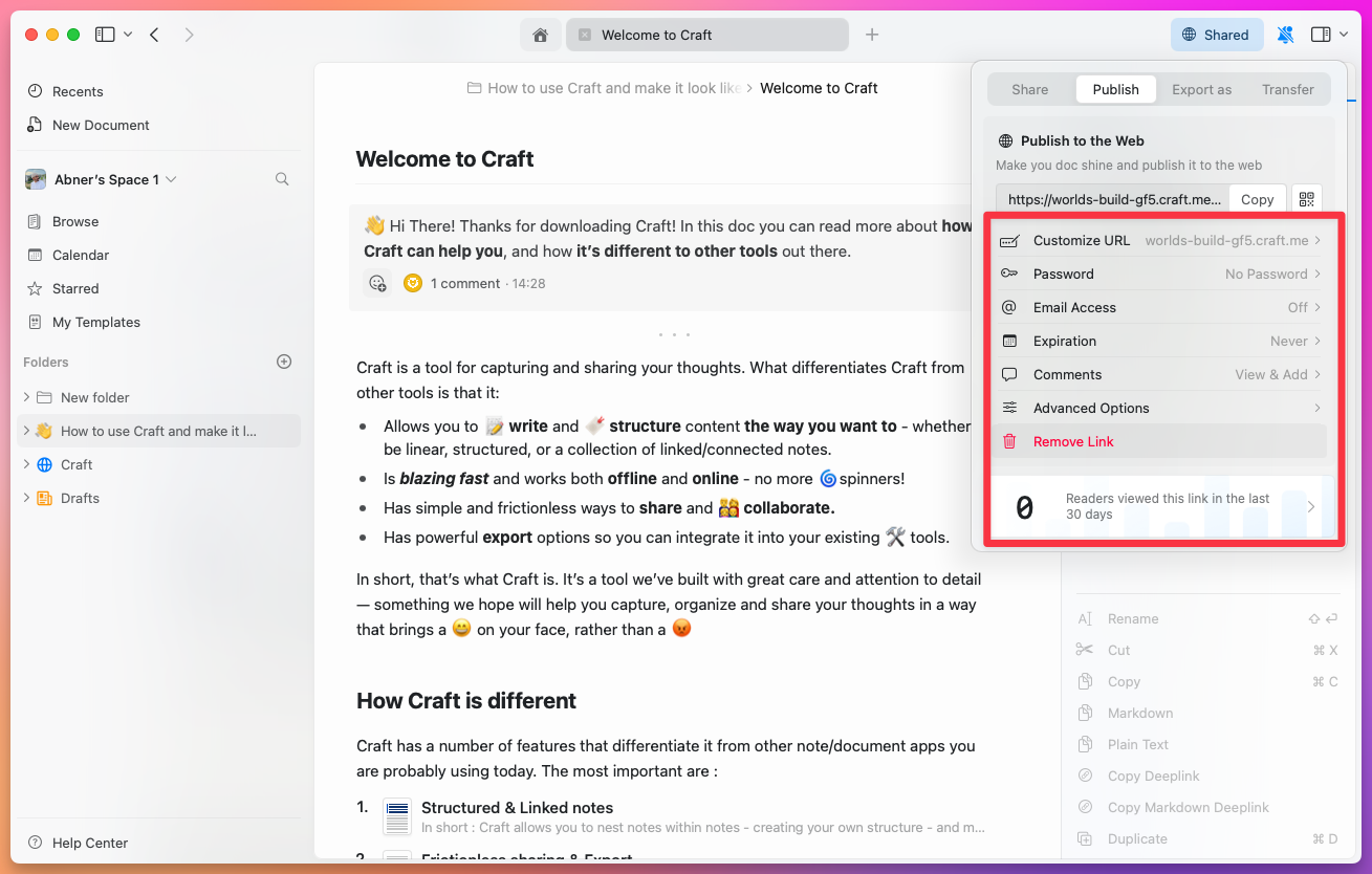 Publishing settings panel