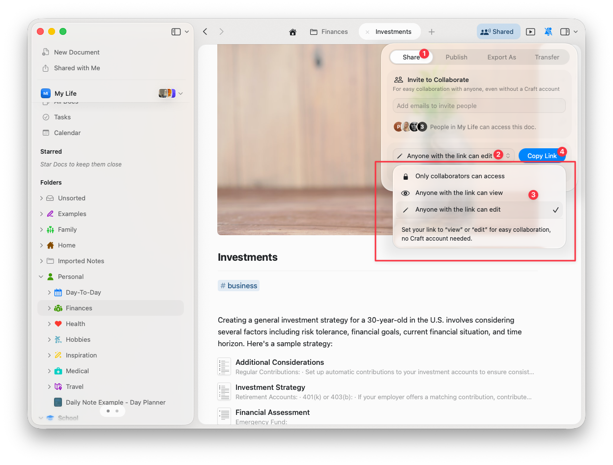 Invitation link generation interface