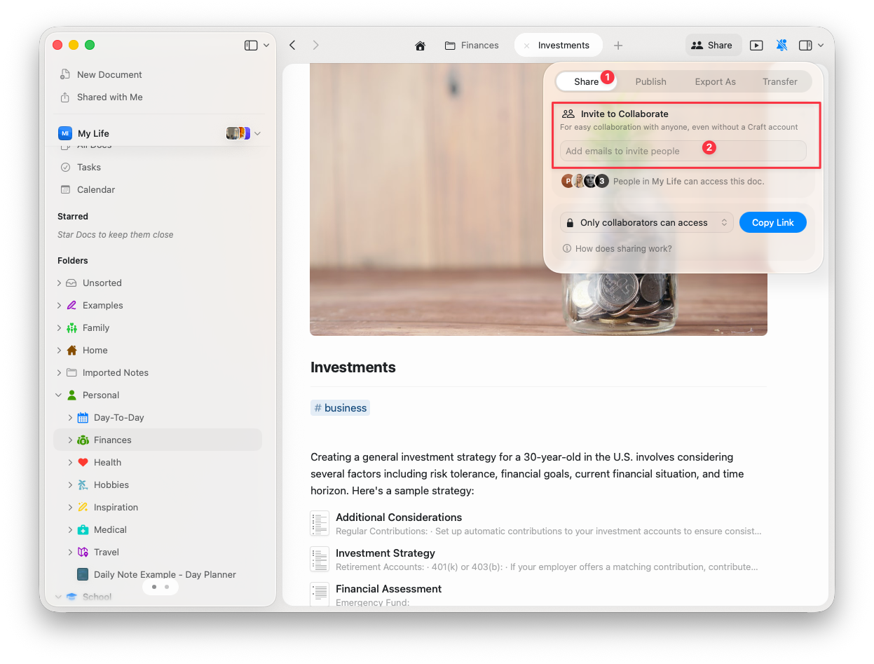 Share invitation screen showing email input and role selection