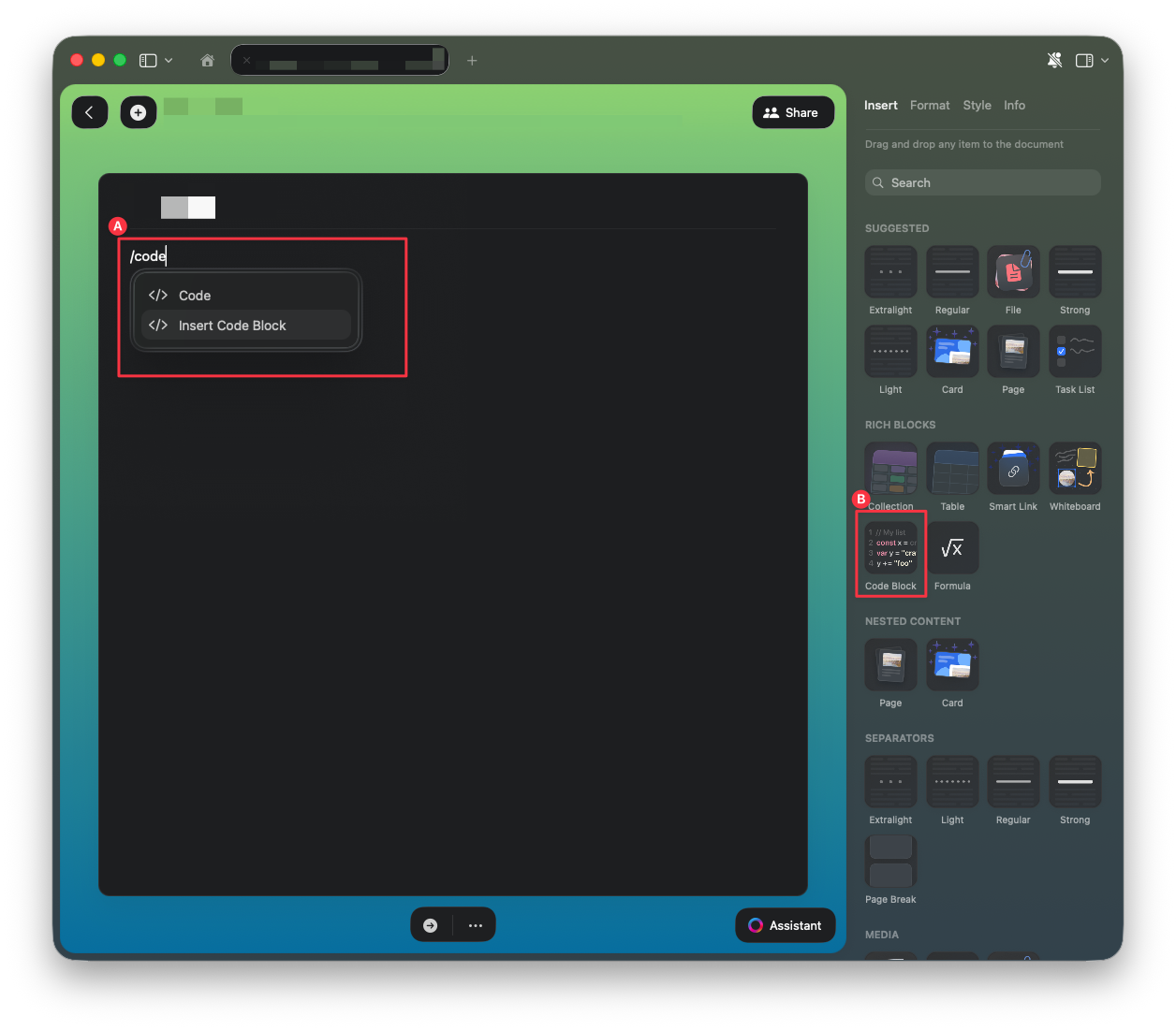 Inserting a code block