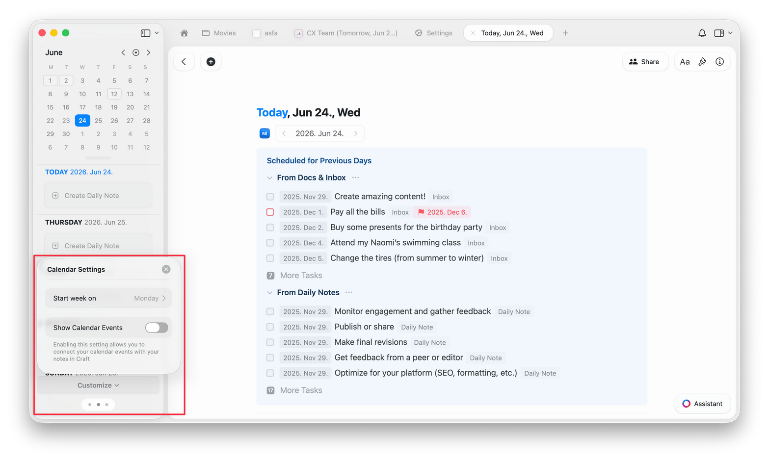 Calendar Settings panel showing the Start week on option