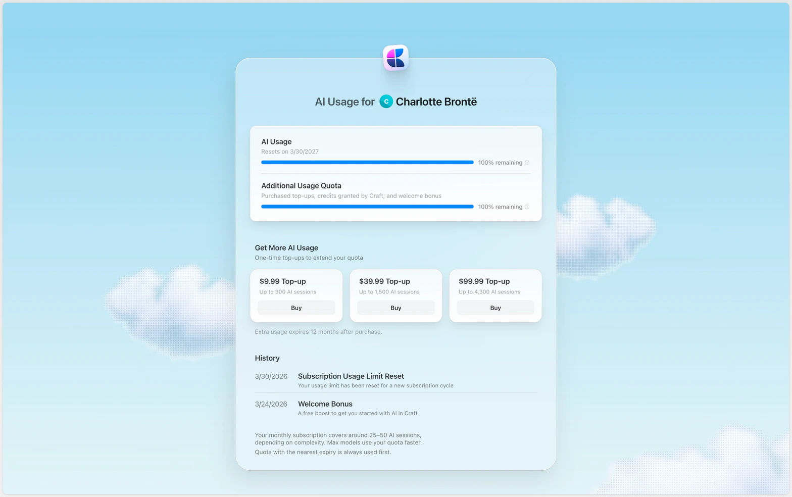 AI Usage screen showing quota and top-up options