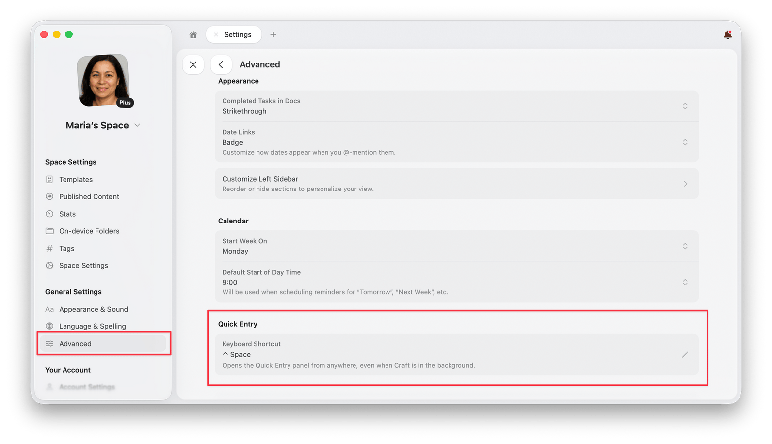 The Quick Entry section of Advanced settings, showing the Keyboard Shortcut field
