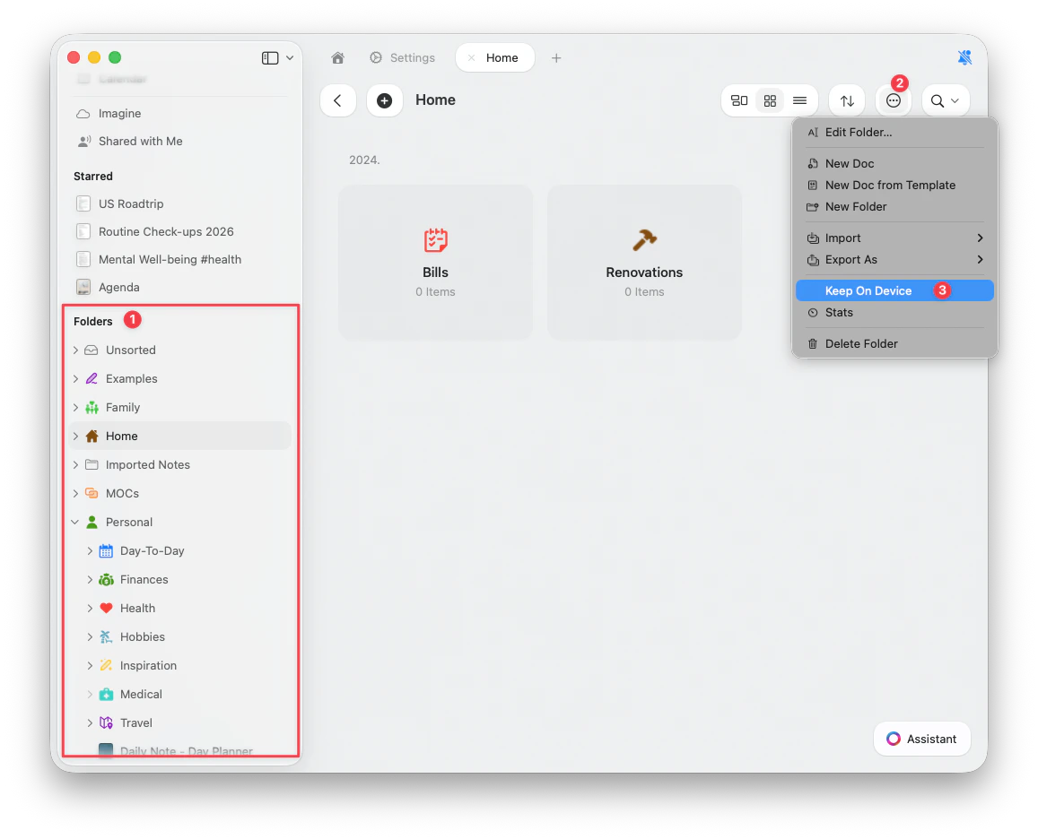 On-device folder menu option