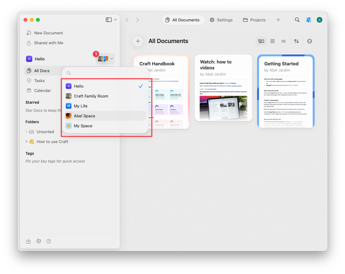 사용 가능한 스페이스를 표시하는 스페이스 드롭다운 메뉴