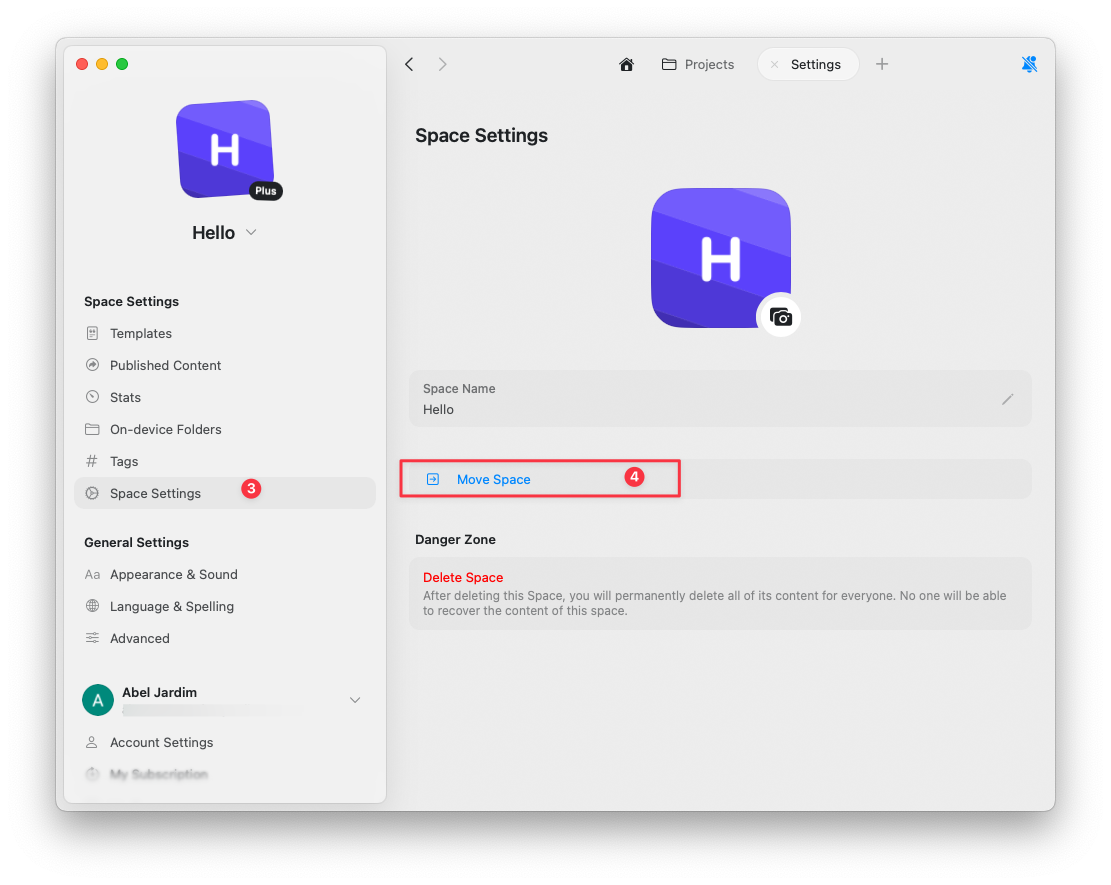 設定中的移動空間選項
