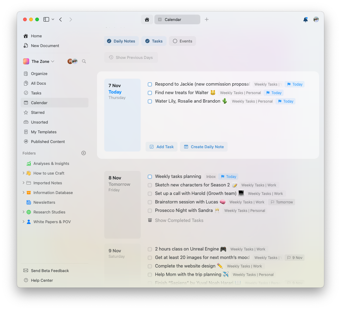 Calendar view showing tasks by date