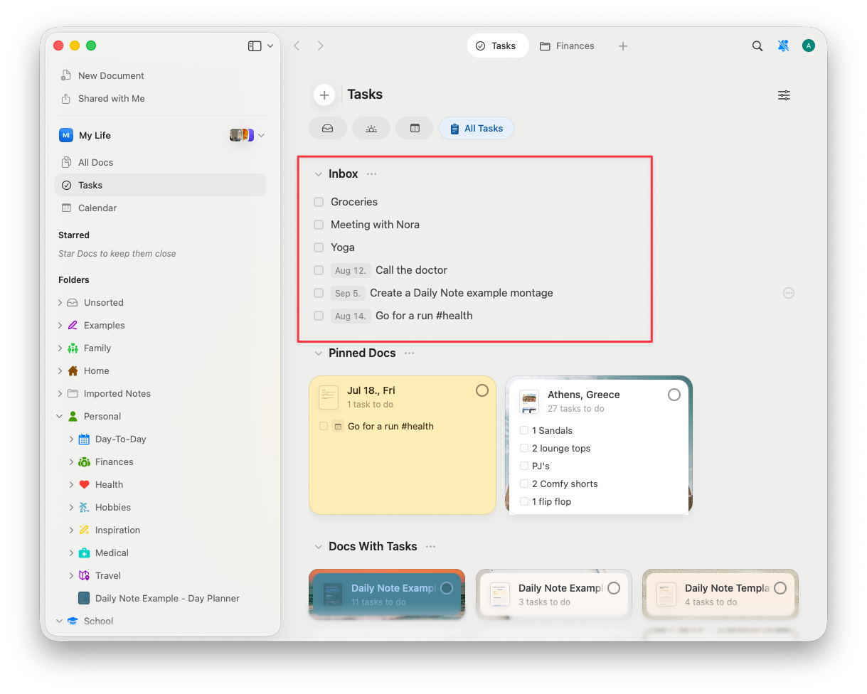 Inbox view showing task capture and organization