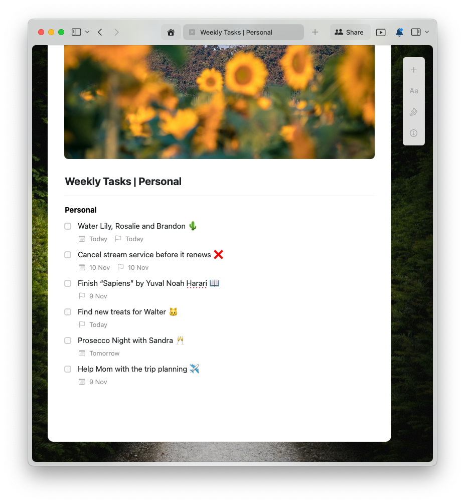 Personal tasks document example