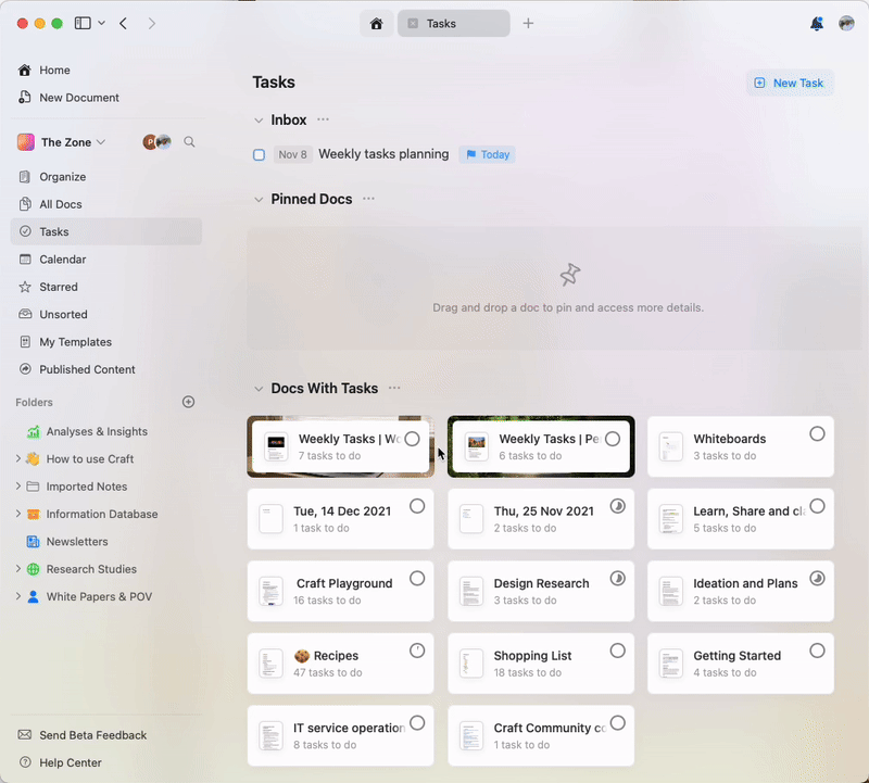 Pinning documents for quick access