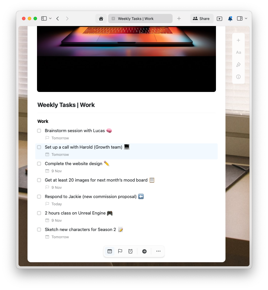 Work tasks document example