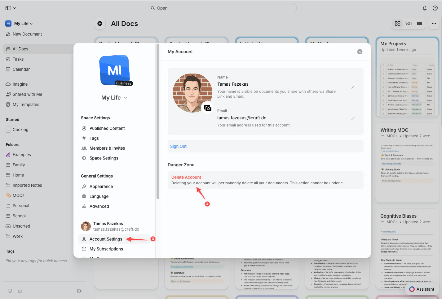 Delete Account button in Account Settings