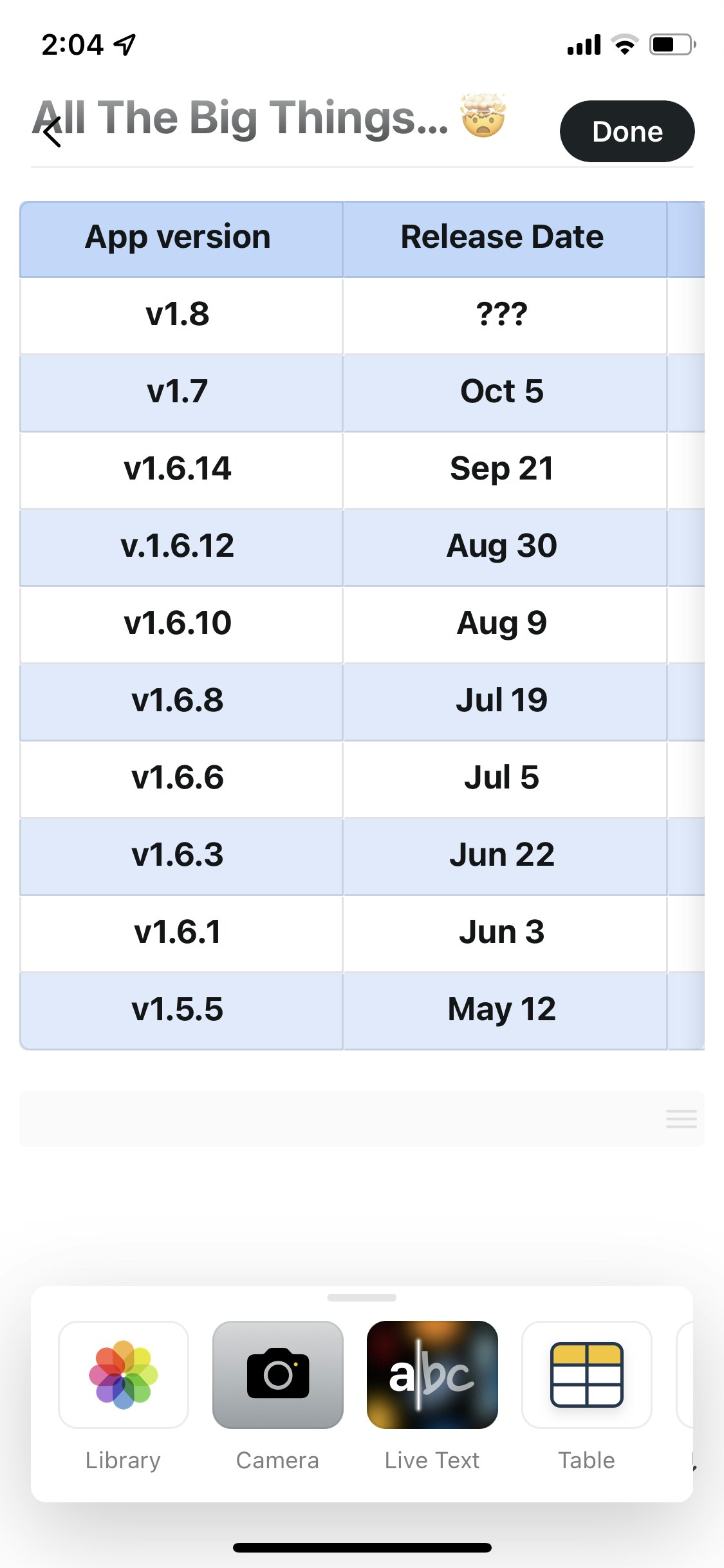 Adding a table on iOS using the plus button