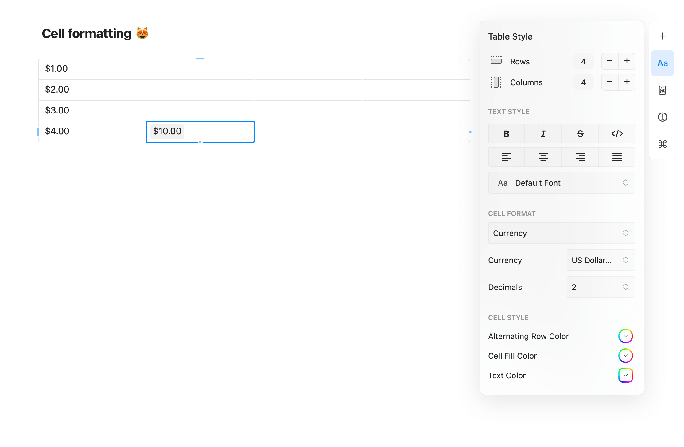 Cell formatting options in a table