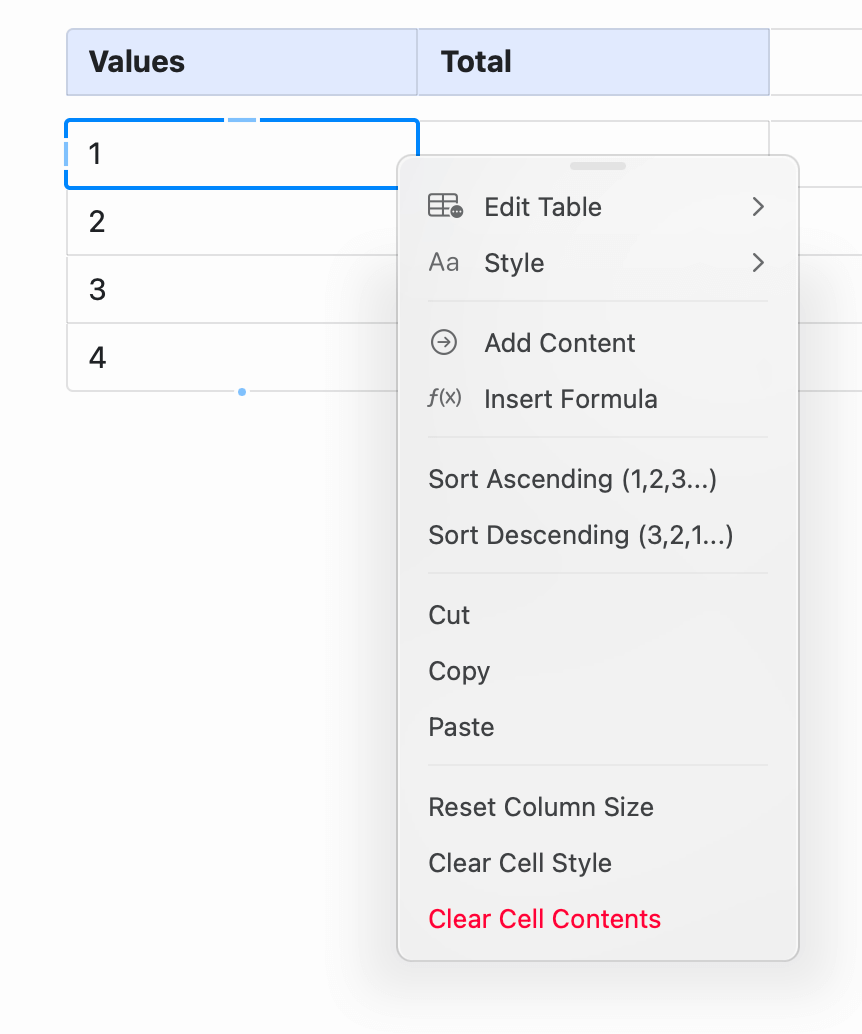 Sorting options in table context menu