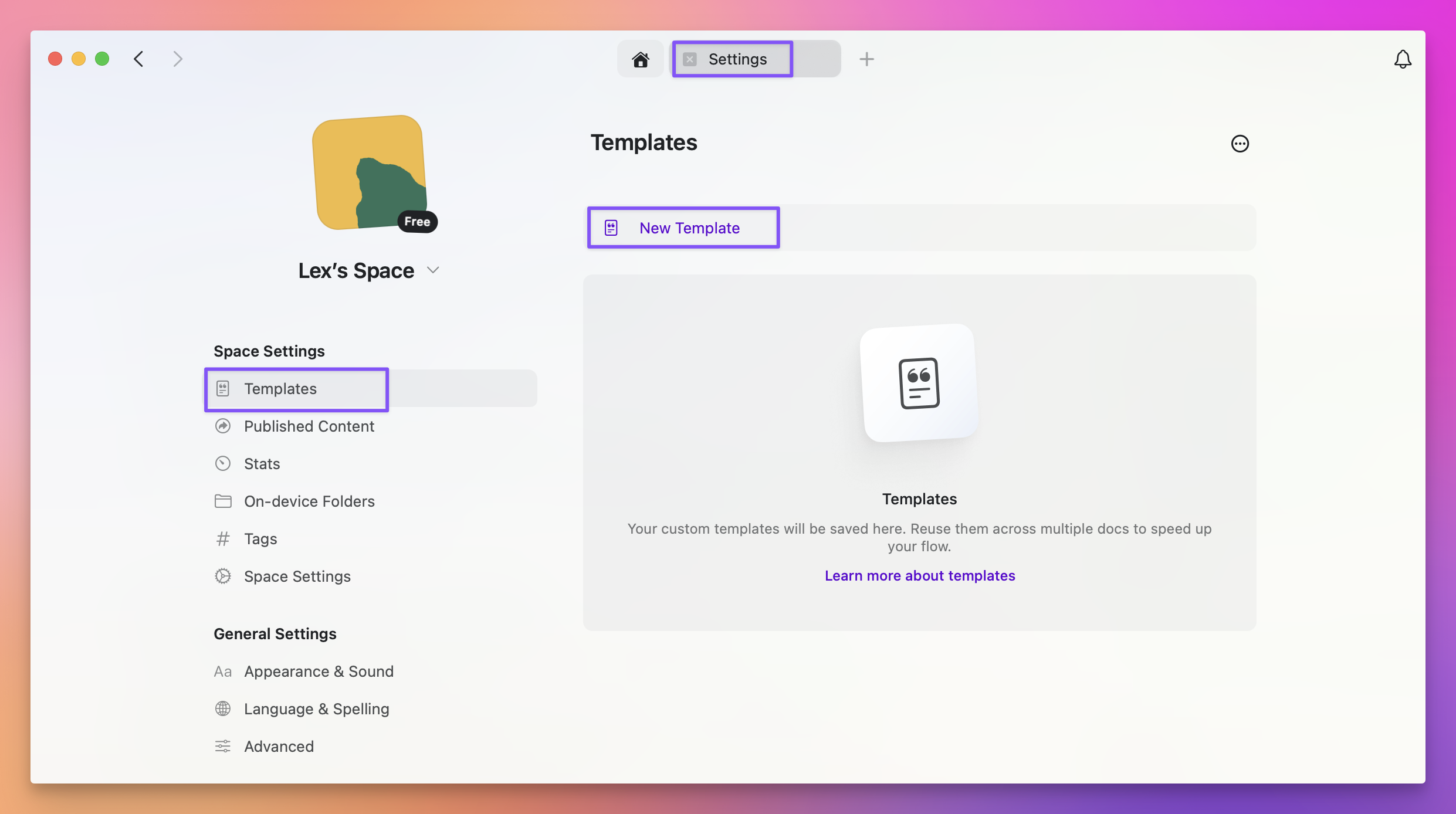 Creating a new template in Settings