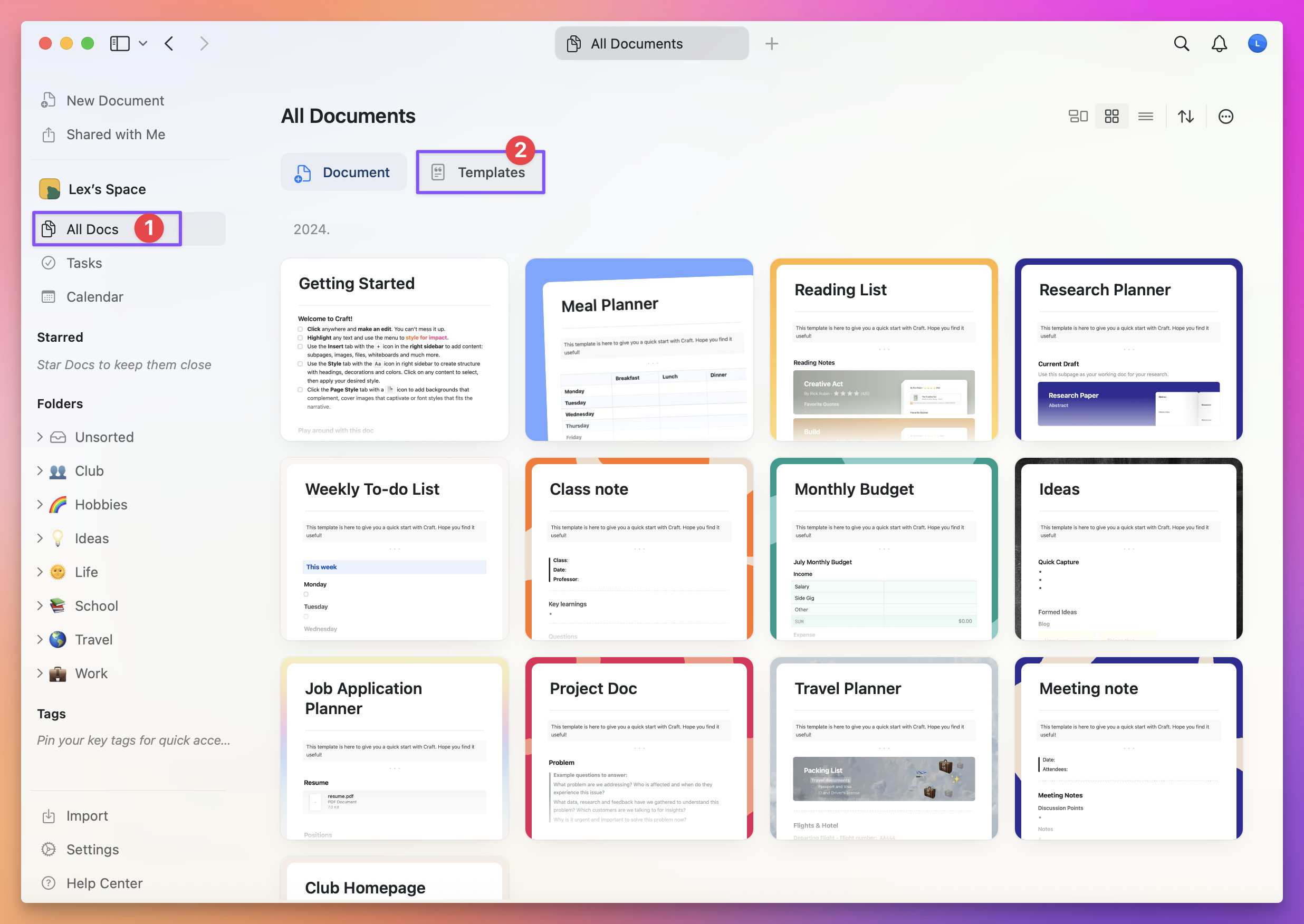 Template Gallery showing various pre-made templates