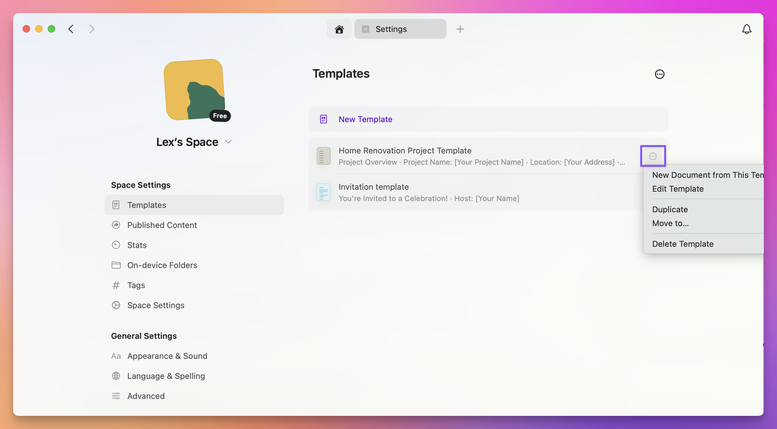 Managing templates in Settings