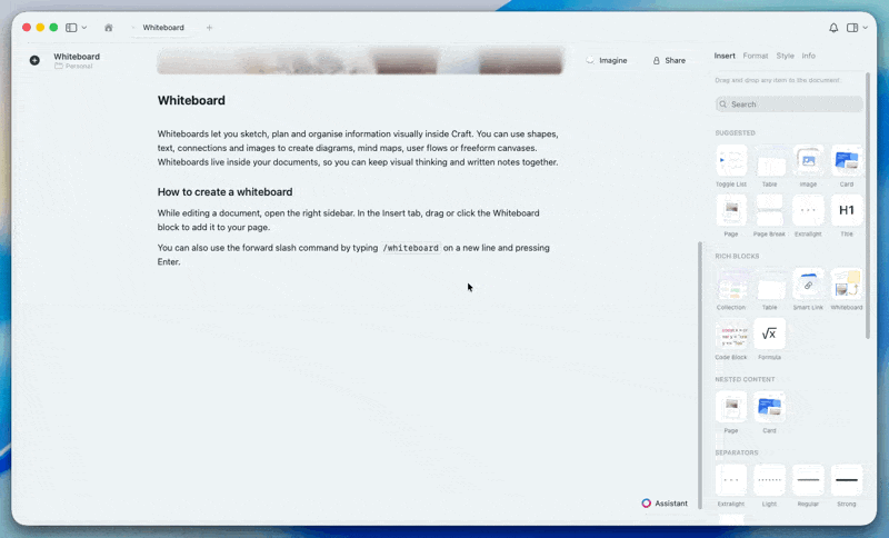 Creating a whiteboard using the slash command
