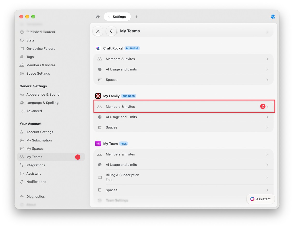 Einstellungen „Meine Teams" mit nummerierten Markierungen für den Tab „Meine Teams" (1) und die Option „Mitglieder & Einladungen" eines Teams (2)