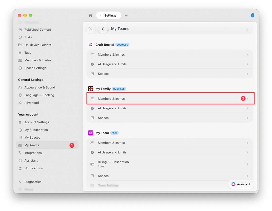 Einstellungen „Meine Teams" mit nummerierten Markierungen für den Tab „Meine Teams" (1) und die Option „Mitglieder & Einladungen" eines Teams (2)