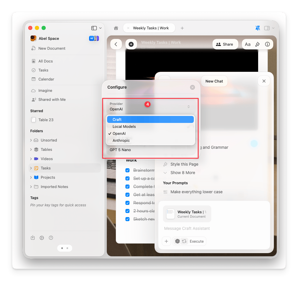 Configure dialog showing provider dropdown with Craft, Local Models, OpenAI, and Anthropic