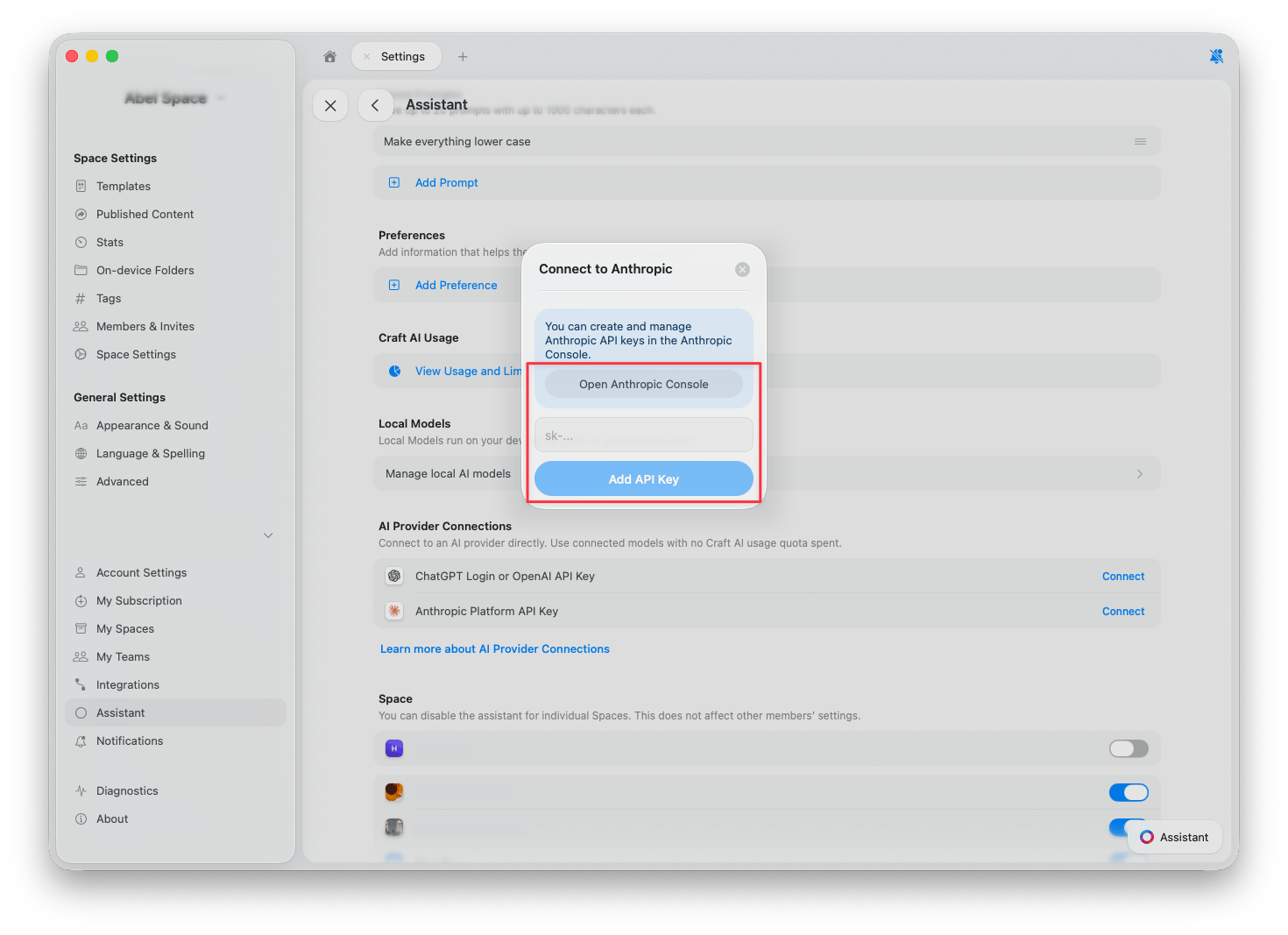 Connect to Anthropic dialog with API key field and Open Anthropic Console button