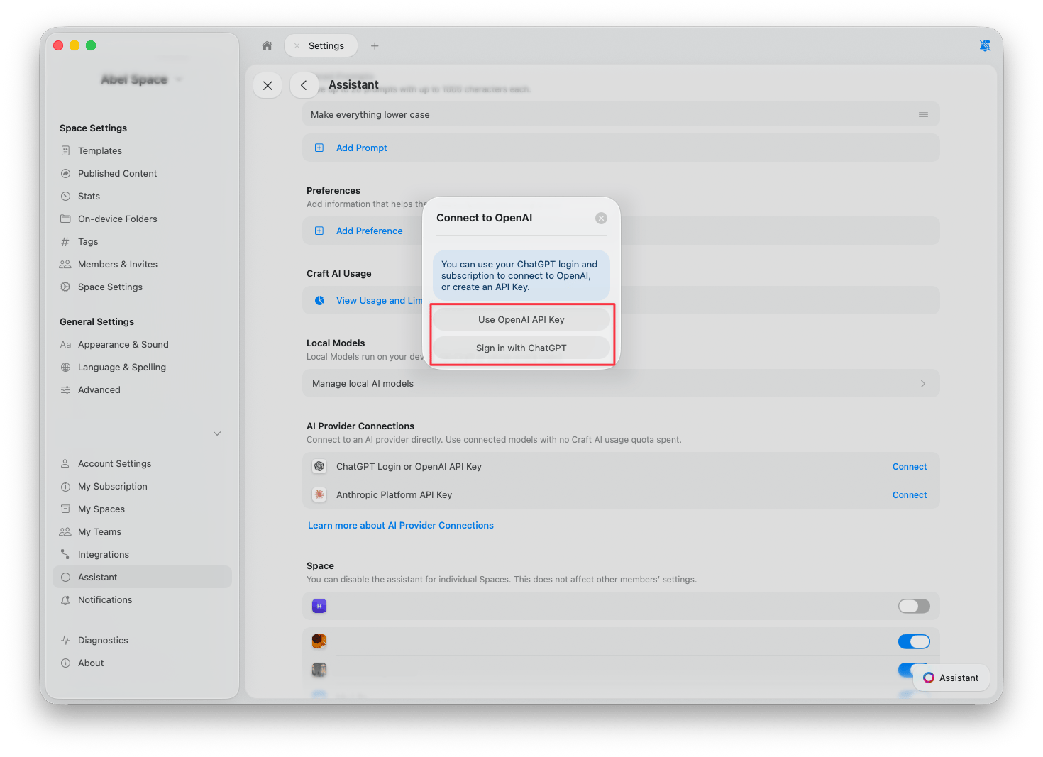 Connect to OpenAI dialog with two options: Use OpenAI API Key and Sign in with ChatGPT