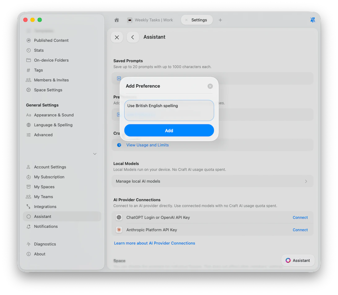 Add Preference dialog with example text