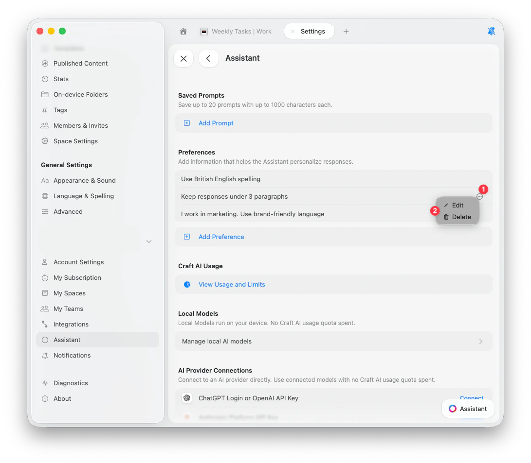 Preferences list showing Edit and Delete options