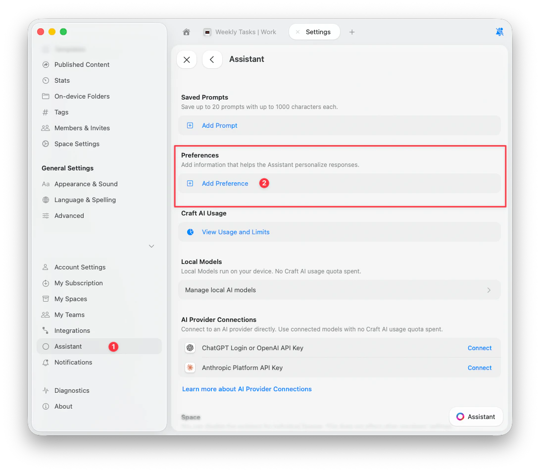 Preferences section in Assistant settings with Add Preference button