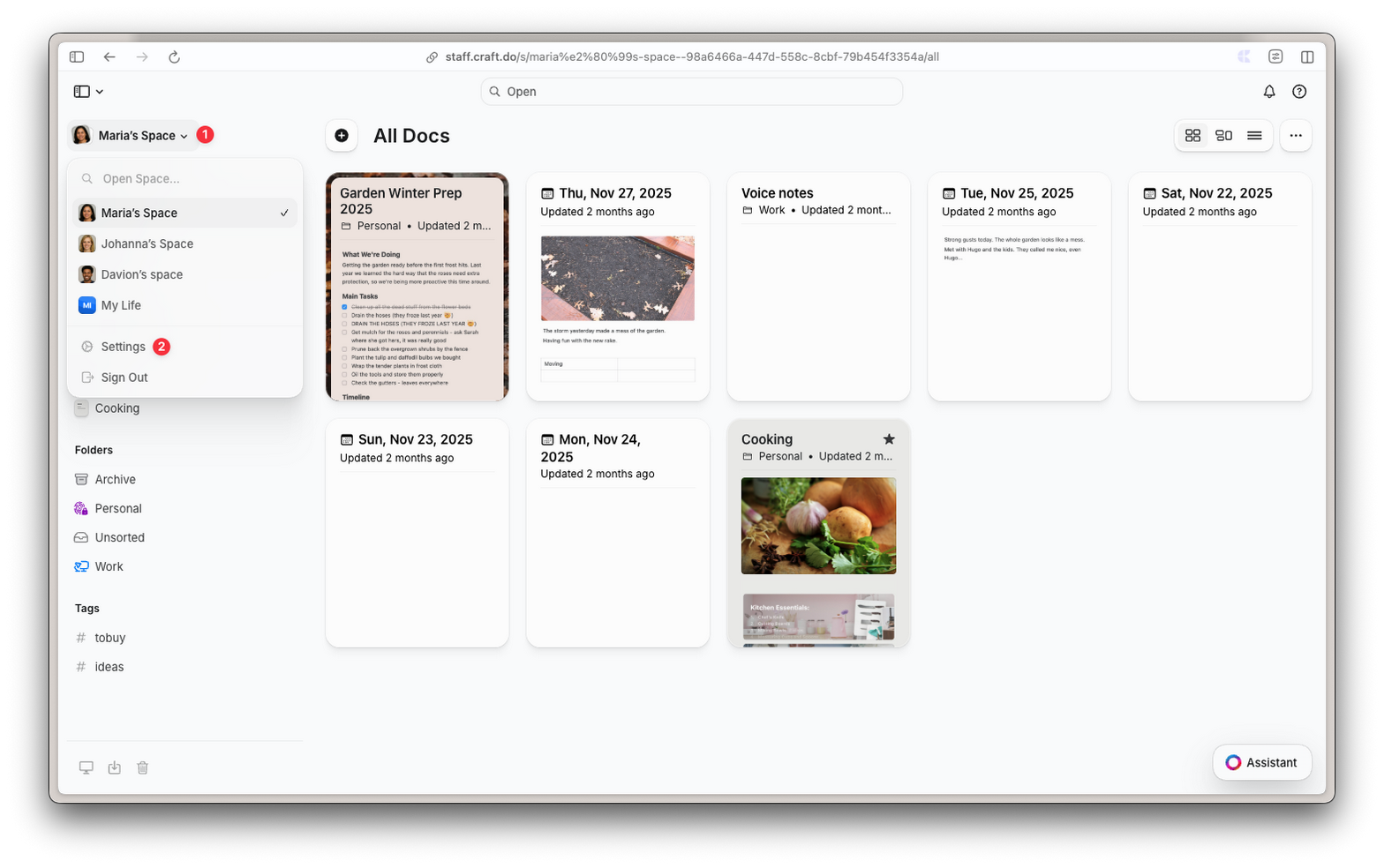 Click your Space name to open the dropdown