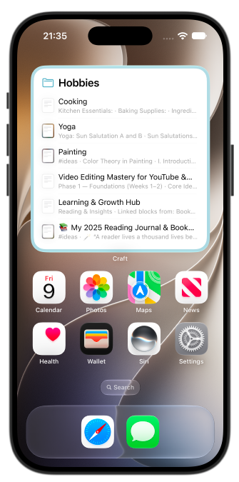 Folder widget on the iPhone Home Screen listing the documents inside a folder