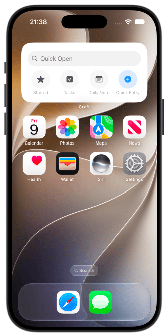 Quick Actions widget on the iPhone Home Screen with a Quick Open search bar and four configurable action slots